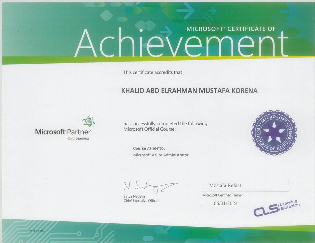 Azure Administrator (AZ-104) Official Course certificate